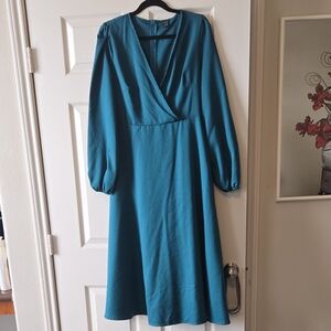 SHEIN Teal V-Neck Wrap Midi Dress